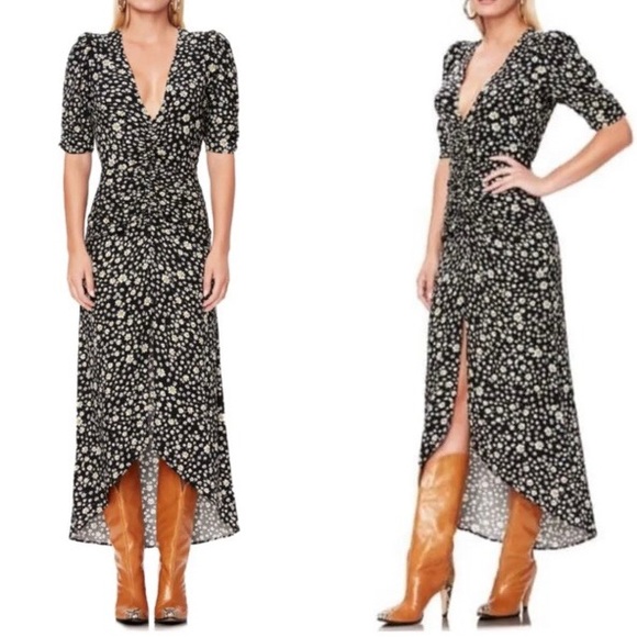AFRM Dresses & Skirts - NWT AFRM Black Daisy Ditsy Ruched Midi Dress XS